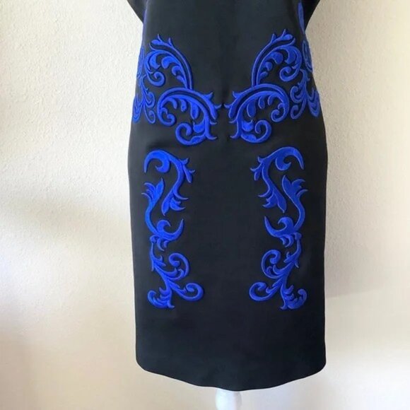 CLOVER CANYON Ponte Dress Embroidered Sleeveless Career Cocktail Black Blue NEW - Picture 4 of 6